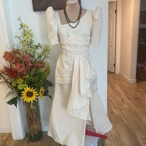 Elegant Filipiniana Cream Puff-Sleeve Midi Dress Fits Small to Large
